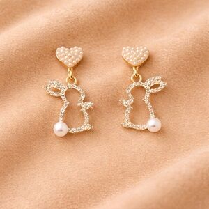 Easter Bunny Rabbit Pearl Diamond Earrings